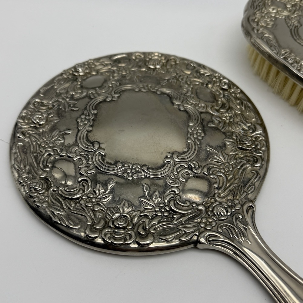 Vintage Silverplate Vanity Hand Mirror & Hair Brush Set Ornate Floral Repousse - Picture 3 of 8